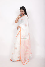 Load image into Gallery viewer, Honeybee Printed Quirky Saree - Orange over White
