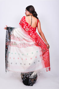 Pure Cotton saree - black and red over white