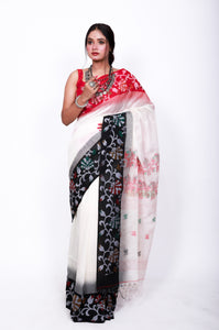Pure Cotton saree - black and red over white