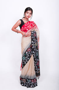 Pure Cotton saree - black and red over beige