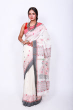 Load image into Gallery viewer, Pure Cotton copper zari(ganga jamuna par) - grey and red over off white
