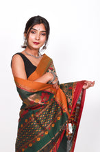 Load image into Gallery viewer, Pure Cotton copper zari(ganga jamuna par) - Yellow and red over Green

