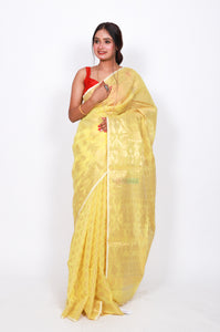 Pure cotton jamdani zari work (patli-pallu) - Yellow
