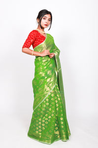 Pure cotton jamdani zari work (patli-pallu) - Green