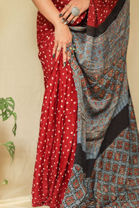 'Sakhi' Handcrafted Bandhej Ajrakh Modal Silk Saree