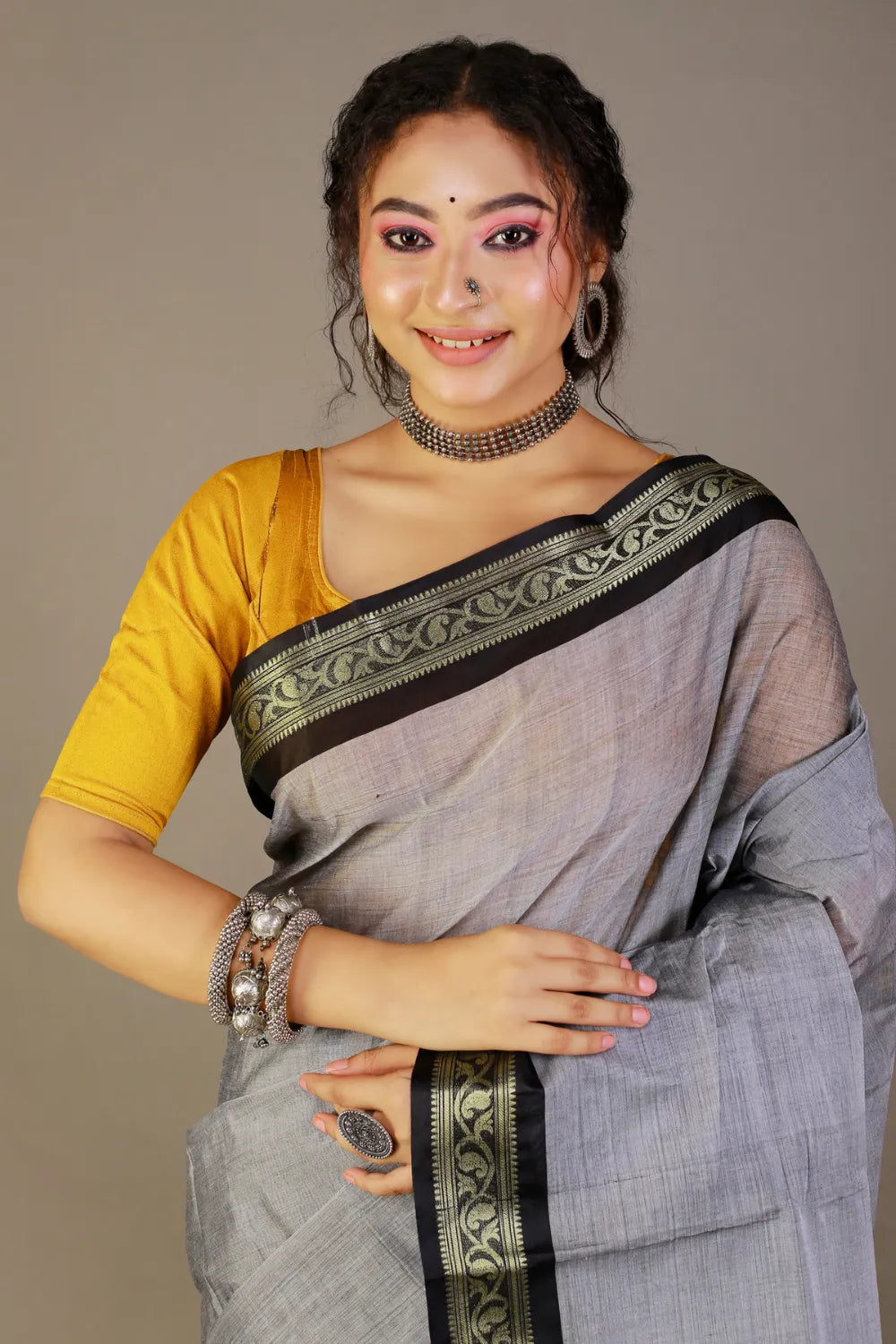 Gray-Black Bangladesi Tangile Cotton Saree