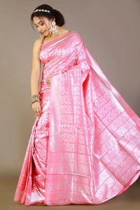 Light Pink Silk Saree With Floral Zari Work