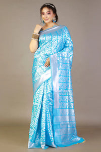 Sky-Blue Licci Silk Saree with Floral Zari work