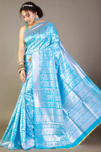 Sky-Blue Licci Silk Saree with Floral Zari work