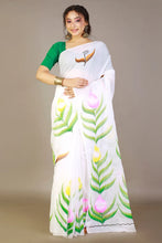 Load image into Gallery viewer, White Cotton Saree with Handprinted Fabric Design
