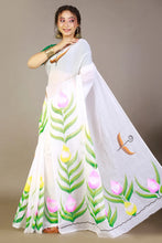 Load image into Gallery viewer, White Cotton Saree with Handprinted Fabric Design

