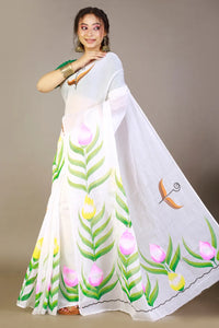 White Cotton Saree with Handprinted Fabric Design