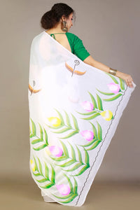 White Cotton Saree with Handprinted Fabric Design