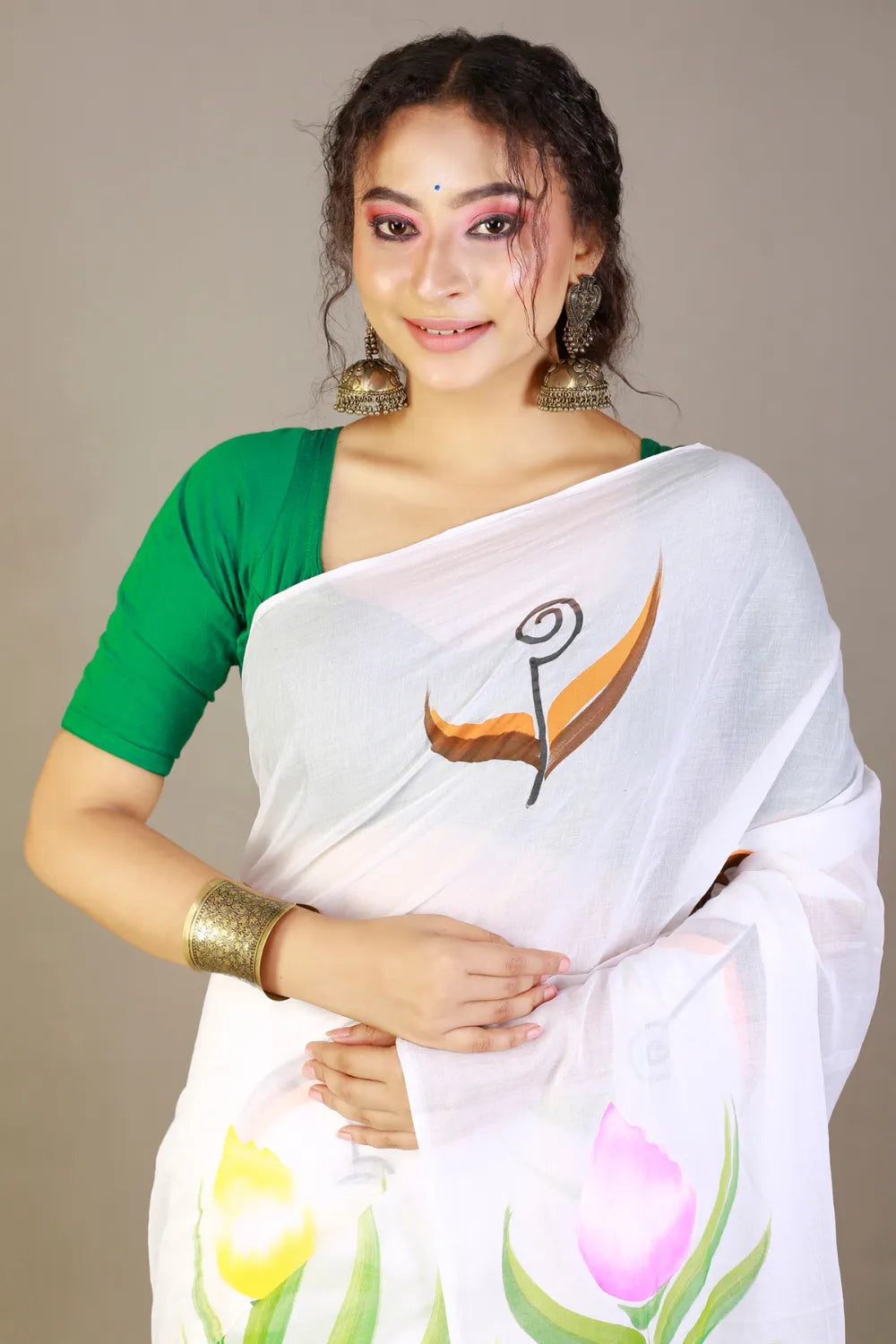 White Cotton Saree with Handprinted Fabric Design
