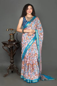 Floral Linen Silk Saree with Banarasi Border and Block Print