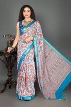 Load image into Gallery viewer, Floral Linen Silk Saree with Banarasi Border and Block Print

