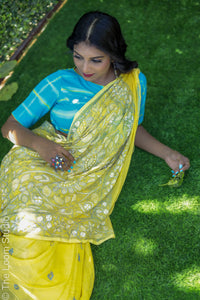 Aam Ka Sharbat Pure Mul Cotton Yellow Kantha Hand Embroidered Saree