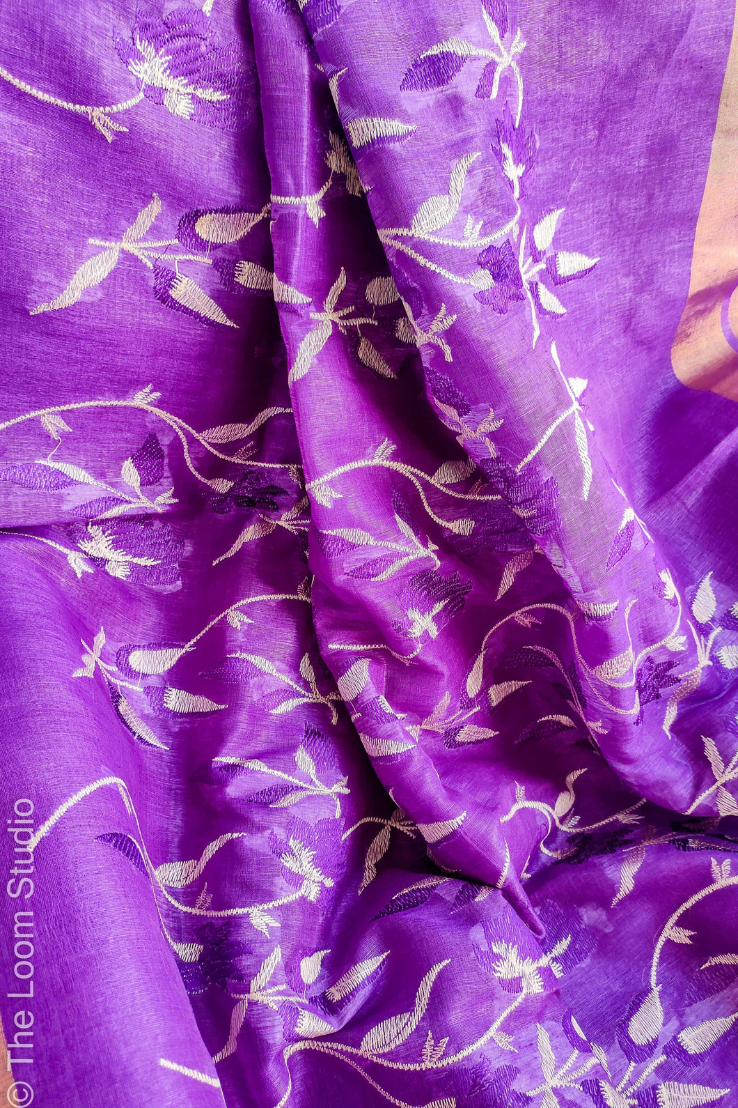 'Aubergine' Silk Linen Embroidered Saree