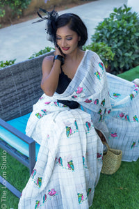 'Bird Tales' Soft Linen Embroidered Saree