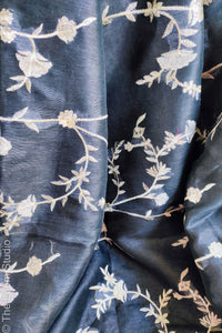 'Black Beauty' Silk Linen Embroidered Saree