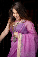 Load image into Gallery viewer, Handwoven Resham Noil Violet Cotton Saree with Hand Ari Stitching
