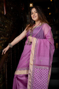 Handwoven Resham Noil Violet Cotton Saree with Hand Ari Stitching
