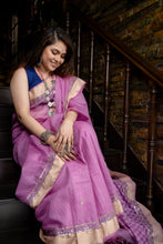 Load image into Gallery viewer, Handwoven Resham Noil Violet Cotton Saree with Hand Ari Stitching
