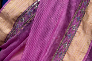 Handwoven Resham Noil Violet Cotton Saree with Hand Ari Stitching