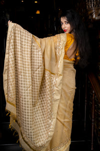 Handwoven Beige Resham Noil Cotton Saree with Hand Ari Stitching