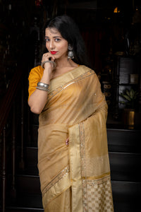 Handwoven Beige Resham Noil Cotton Saree with Hand Ari Stitching