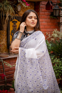 Handwoven Kantha Stitch White Mul Cotton Saree