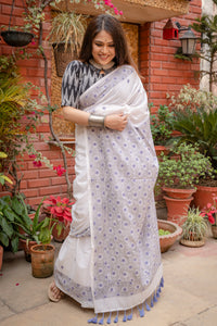 Handwoven Kantha Stitch White Mul Cotton Saree