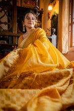 Load image into Gallery viewer, Handwoven Resham Noil Yellow Cotton Saree with Hand Ari Stitching
