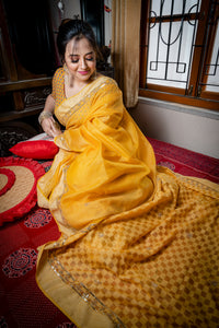 Handwoven Resham Noil Yellow Cotton Saree with Hand Ari Stitching