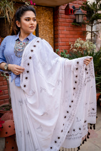 Handstitched Cotton Kota Saree in White Shadow Stitch