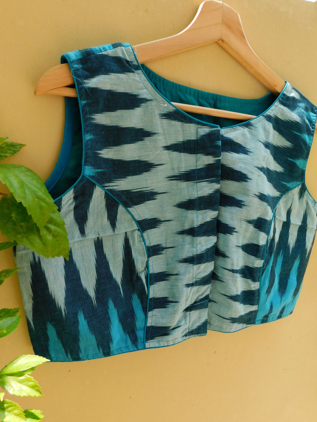 Ikkat Weave Sleeveless Blouse - Blue