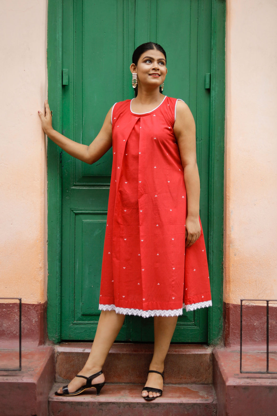 Dhriti- Pure Cotton Red Dress with crochet lace-work
