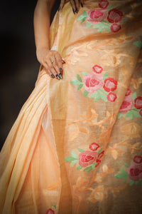 'Gulaab' Peach Embroidered Silk Linen Saree