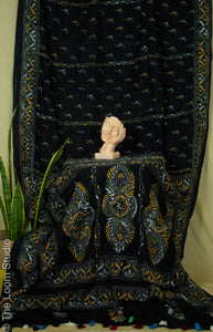 Hastkala Pure Mul Cotton Black Kantha Hand Embroidered Saree