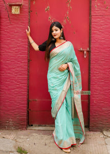 Handloom Cotton Meenakari Benarasi Saree with Zari work (Sea Green)