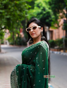 Cotton Jamdani with Zari work - Deep Green
