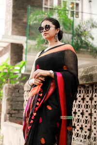 Krishnokoli- Pure handloom Jayashree Linen Saree (Black)