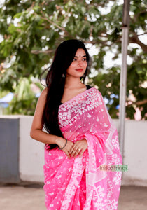Pure Cotton Dhakai Jamdani - White over Pink