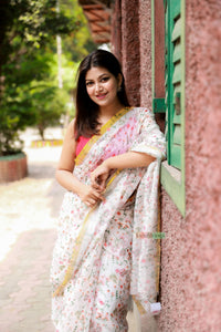 Devina- Printed Cotton Silk Saree - White