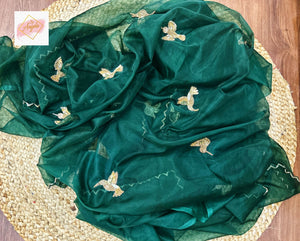 Organza saree withs flying bird motif Saree- Bottle green