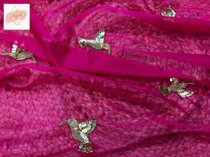 Organza saree with flying bird motifs Saree - Rani pink