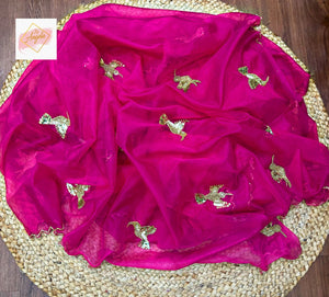 Organza saree with flying bird motifs Saree - Rani pink