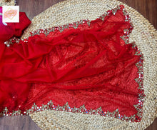 Load image into Gallery viewer, Organza saree with mirror floral border - Blood red
