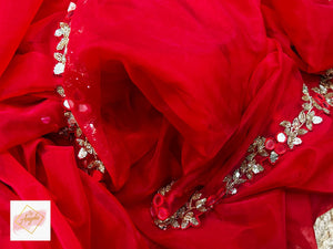 Organza saree with mirror floral border - Blood red