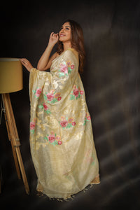 'Jasmine' Beige Embroidered Silk Linen Saree
